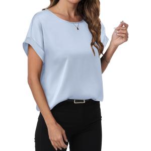 imageANRABESS Womens Summer Dressy Casual Short Sleeve Shirts Crewneck Satin 2025 Business Office Work Blouse TopsLight Blue