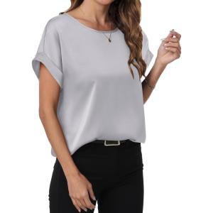 imageANRABESS Womens Summer Dressy Casual Short Sleeve Shirts Crewneck Satin 2025 Business Office Work Blouse TopsLight Grey