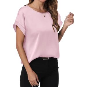imageANRABESS Womens Summer Dressy Casual Short Sleeve Shirts Crewneck Satin 2025 Business Office Work Blouse TopsPink