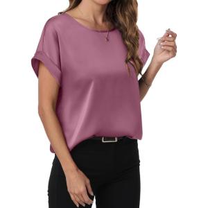 imageANRABESS Womens Summer Dressy Casual Short Sleeve Shirts Crewneck Satin 2025 Business Office Work Blouse TopsPink Purple