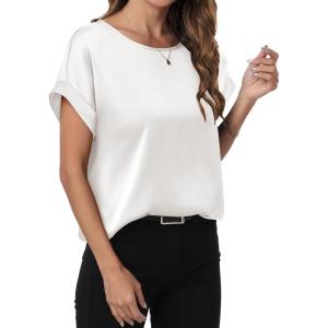 imageANRABESS Womens Summer Dressy Casual Short Sleeve Shirts Crewneck Satin 2025 Business Office Work Blouse TopsWhite