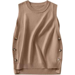 imageANRABESS Womens Sweater Vest Summer Sleeveless Crewneck Ribbed Knit Side Button Loose Pullover Tank Tops 2025 Fall OutfitsBrown