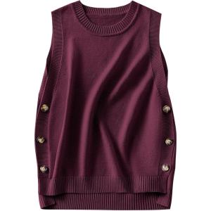 imageANRABESS Womens Sweater Vest Summer Sleeveless Crewneck Ribbed Knit Side Button Loose Pullover Tank Tops 2025 Fall OutfitsBurgundy