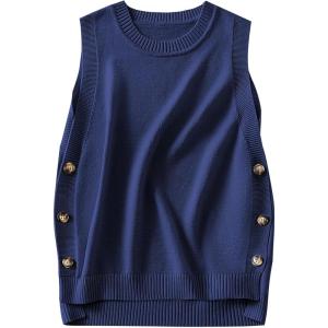 imageANRABESS Womens Sweater Vest Summer Sleeveless Crewneck Ribbed Knit Side Button Loose Pullover Tank Tops 2025 Fall OutfitsNavy Blue