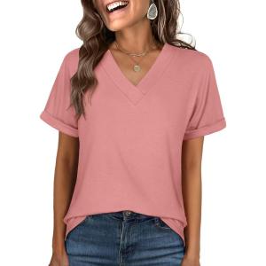 imageANRABESS Womens T Shirts Short Sleeve V Neck Shirts Summer Loose Fit Dressy Tops Business Casual Blouses 2025 Basic TeesCoral