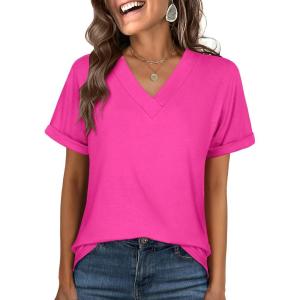 imageANRABESS Womens T Shirts Short Sleeve V Neck Shirts Summer Loose Fit Dressy Tops Business Casual Blouses 2025 Basic TeesHot Pink