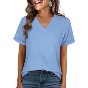 imageANRABESS Womens T Shirts Short Sleeve V Neck Shirts Summer Loose Fit Dressy Tops Business Casual Blouses 2025 Basic TeesLight Blue