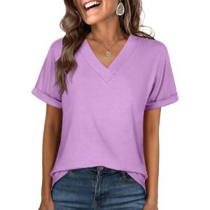 imageANRABESS Womens T Shirts Short Sleeve V Neck Shirts Summer Loose Fit Dressy Tops Business Casual Blouses 2025 Basic TeesLight Purple