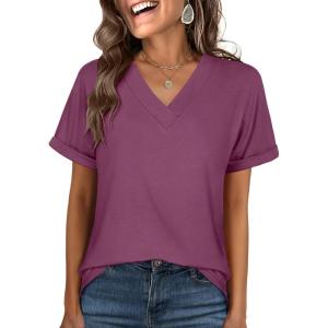 imageANRABESS Womens T Shirts Short Sleeve V Neck Shirts Summer Loose Fit Dressy Tops Business Casual Blouses 2025 Basic TeesWine Red