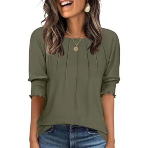 imageANRABESS Womens Tops 34 Sleeve Crewneck Pleated Dressy Casual Shirts 2025 Summer Business Basic Tee Blouses Work OutfitsArmy Green