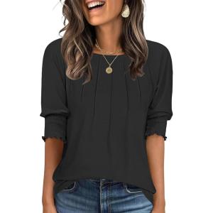 imageANRABESS Womens Tops 34 Sleeve Crewneck Pleated Dressy Casual Shirts 2025 Summer Business Basic Tee Blouses Work OutfitsBlack