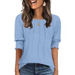 imageANRABESS Womens Tops 34 Sleeve Crewneck Pleated Dressy Casual Shirts 2025 Summer Business Basic Tee Blouses Work OutfitsBlue