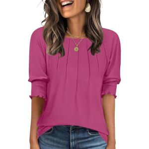 imageANRABESS Womens Tops 34 Sleeve Crewneck Pleated Dressy Casual Shirts 2025 Summer Business Basic Tee Blouses Work OutfitsHot Pink