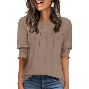 imageANRABESS Womens Tops 34 Sleeve Crewneck Pleated Dressy Casual Shirts 2025 Summer Business Basic Tee Blouses Work OutfitsKhaki