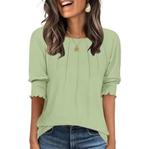 imageANRABESS Womens Tops 34 Sleeve Crewneck Pleated Dressy Casual Shirts 2025 Summer Business Basic Tee Blouses Work OutfitsLight Green