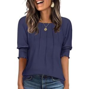 imageANRABESS Womens Tops 34 Sleeve Crewneck Pleated Dressy Casual Shirts 2025 Summer Business Basic Tee Blouses Work OutfitsNavy Blue