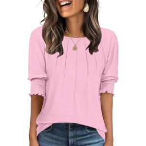 imageANRABESS Womens Tops 34 Sleeve Crewneck Pleated Dressy Casual Shirts 2025 Summer Business Basic Tee Blouses Work OutfitsPink