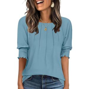 imageANRABESS Womens Tops 34 Sleeve Crewneck Pleated Dressy Casual Shirts 2025 Summer Business Basic Tee Blouses Work OutfitsTurquoise
