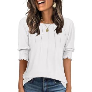 imageANRABESS Womens Tops 34 Sleeve Crewneck Pleated Dressy Casual Shirts 2025 Summer Business Basic Tee Blouses Work OutfitsWhite