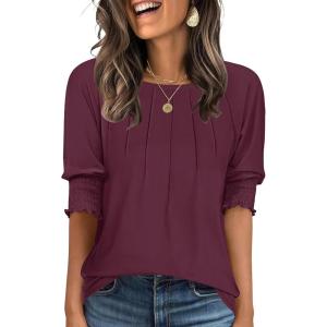 imageANRABESS Womens Tops 34 Sleeve Crewneck Pleated Dressy Casual Shirts 2025 Summer Business Basic Tee Blouses Work OutfitsWine Red