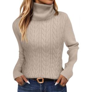 imageANRABESS Womens Turtleneck Cable Knit Sweaters Long Sleeve Fitted Business Casual Pullover Top 2025 Fall OutfitsLight Tan