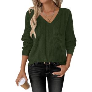 imageANRABESS Womens V Neck Sweaters 2025 Fall Long Sleeve Shirts Lightweight Ribbed Knit Basic Casual Office Work Tunic TopsGreen