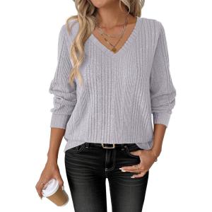 imageANRABESS Womens V Neck Sweaters 2025 Fall Long Sleeve Shirts Lightweight Ribbed Knit Basic Casual Office Work Tunic TopsGrey