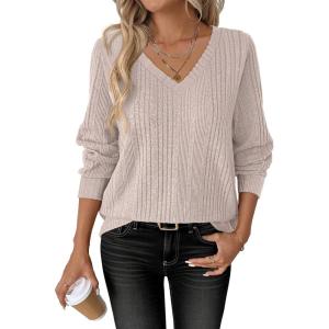 imageANRABESS Womens V Neck Sweaters 2025 Fall Long Sleeve Shirts Lightweight Ribbed Knit Basic Casual Office Work Tunic TopsLight Apricot