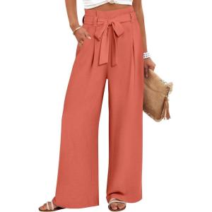 imageANRABESS Womens Wide Leg Palazzo Pants Belted High Waisted Business Casual Flowy Long Trousers with PocketsOrange Red