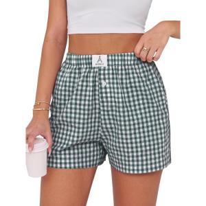 imageANRABESS Boxer Shorts for Women Gingham Pajama 2025 Summer Casual Lounge Sleep Plaid Shorts Y2K Beach BottomsDeep Green White Plaid