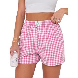 imageANRABESS Boxer Shorts for Women Gingham Pajama 2025 Summer Casual Lounge Sleep Plaid Shorts Y2K Beach BottomsHot Pink White Plaid