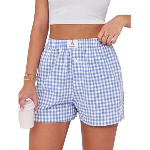 imageANRABESS Boxer Shorts for Women Gingham Pajama 2025 Summer Casual Lounge Sleep Plaid Shorts Y2K Beach BottomsLight Blue White Plaid