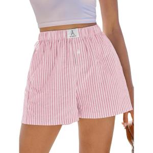 imageANRABESS Boxer Shorts for Women Gingham Pajama 2025 Summer Casual Lounge Sleep Plaid Shorts Y2K Beach BottomsPink White Stripe