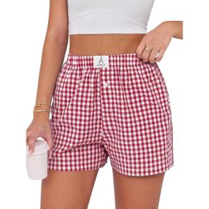 imageANRABESS Boxer Shorts for Women Gingham Pajama 2025 Summer Casual Lounge Sleep Plaid Shorts Y2K Beach BottomsRed White Plaid