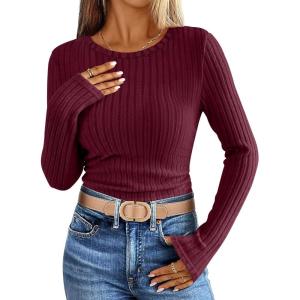 imageANRABESS Long Sleeve Shirts for Women Ribbed Knit Tshirt Slim Fit Crewneck Basic Tee Top 2025 Fall Casual Work Trendy ClothesBurgundy