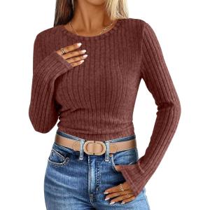 imageANRABESS Long Sleeve Shirts for Women Ribbed Knit Tshirt Slim Fit Crewneck Basic Tee Top 2025 Fall Casual Work Trendy ClothesRust Orange