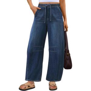 imageANRABESS Women Barrel Jeans High Waisted Wide Leg Drawstring Denim Pants Y2K Baggy Loose Fit Trouser Jeans with PocketsDark Blue