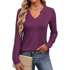 imageANRABESS Women Long Sleeve Shirts V Neck Pleated Tunic Top Business Dressy Casual Blouse 2025 Fall Fashion OutfitsPurple