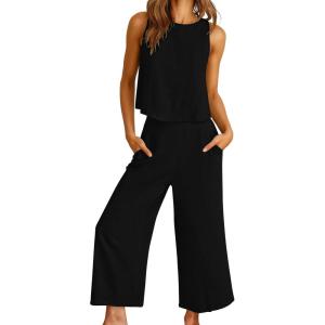 imageANRABESS Women Lounge Sets 2 Piece Outfits Summer Sleeveless Crop Tops Capri Wide Leg Pants Vacation Beach Travel SetsBlack