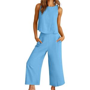 imageANRABESS Women Lounge Sets 2 Piece Outfits Summer Sleeveless Crop Tops Capri Wide Leg Pants Vacation Beach Travel SetsBright Blue