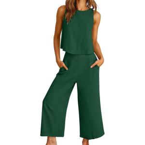 imageANRABESS Women Lounge Sets 2 Piece Outfits Summer Sleeveless Crop Tops Capri Wide Leg Pants Vacation Beach Travel SetsDark Green
