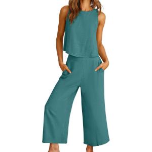 imageANRABESS Women Lounge Sets 2 Piece Outfits Summer Sleeveless Crop Tops Capri Wide Leg Pants Vacation Beach Travel SetsLake