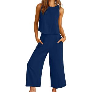 imageANRABESS Women Lounge Sets 2 Piece Outfits Summer Sleeveless Crop Tops Capri Wide Leg Pants Vacation Beach Travel SetsNavy Blue