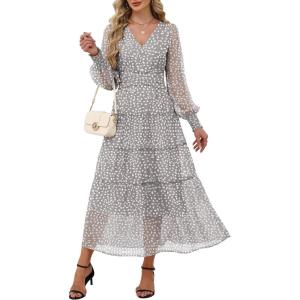 imageANRABESS Womens Floral Long Sleeve Maxi Dress V Neck Chiffon Flowy Boho ALine 2025 Fall Wedding Guest Party Wrap DressesWhite Dot