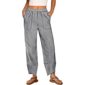 imageANRABESS Womens Gingham Striped Palazzo Pants Wide Leg Pajama Lounge Crop Pants Plaid PJ Bottoms Casual Trousers with PocketsBlack White Plaid