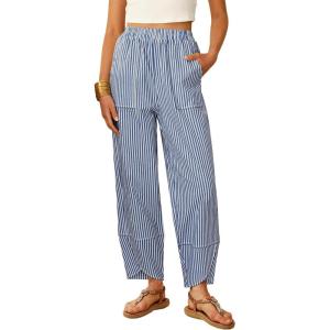 imageANRABESS Womens Gingham Striped Palazzo Pants Wide Leg Pajama Lounge Crop Pants Plaid PJ Bottoms Casual Trousers with PocketsBlue White Stripe