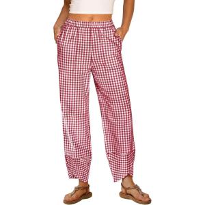 imageANRABESS Womens Gingham Striped Palazzo Pants Wide Leg Pajama Lounge Crop Pants Plaid PJ Bottoms Casual Trousers with PocketsRed White Plaid