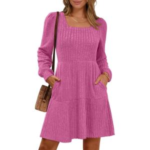 imageANRABESS Womens Long Sleeve Fall Dress 2025 Square Neck Casual Ribbed Knit Comfy Soft Short Sweater Dresses with PocketsHot Pink
