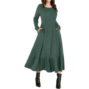 imageANRABESS Womens Long Sleeve Midi Dress 2025 Fall Rib Knit Crew Neck A Line Soft Flowy Swing Dresses with Pocket Casual Trendy Green Medium