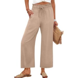 imageANRABESS Women 2025 Summer Casual Flowy Loose High Waist Boho Wide Leg Cropped Palazzo Lounge Beach Vacation Pants TrousersKhaki